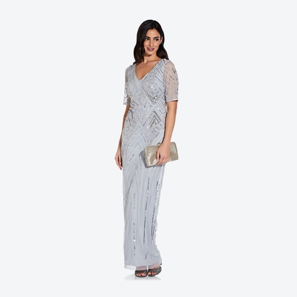 NWT $349 Adrianna Papell V-neck Beaded Gown in‎ Glacier [SZ 0 ] - Picture 2 of 15